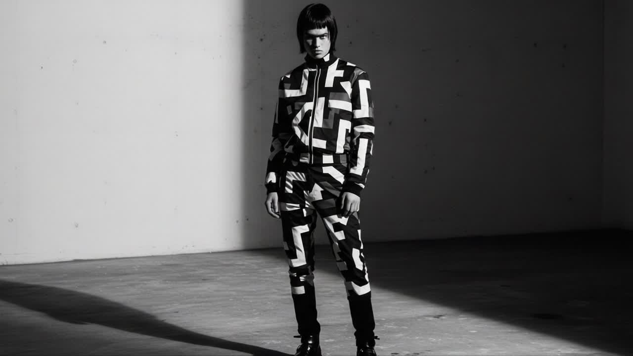 A Fashion Model Poses in a Bold Patterned Outfit, Captured in Dramatic Lighting in a Minimalist Studio Environment, Creating a Striking Visual Impact