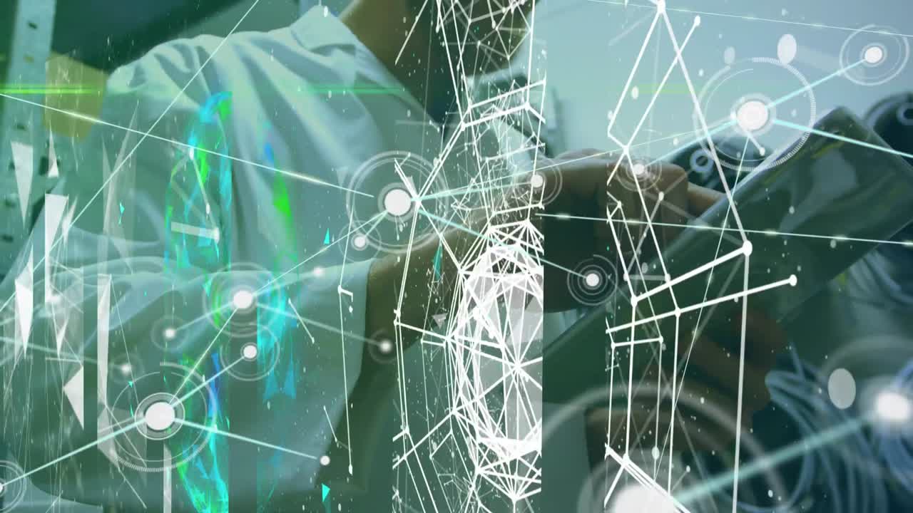 redes de plexo y red de conexiones contra la sección media del hombre usando tableta digital