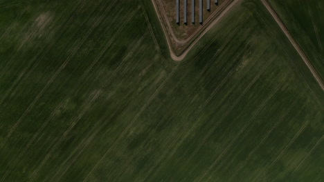 Top-down-panning-footage-of-green-agricultural-field.-Revealing-of-rows-of-solar-cells-in-photovoltaic-power-plant.-Green-energy,-ecology-and-carbon-footprint-reduction-concept