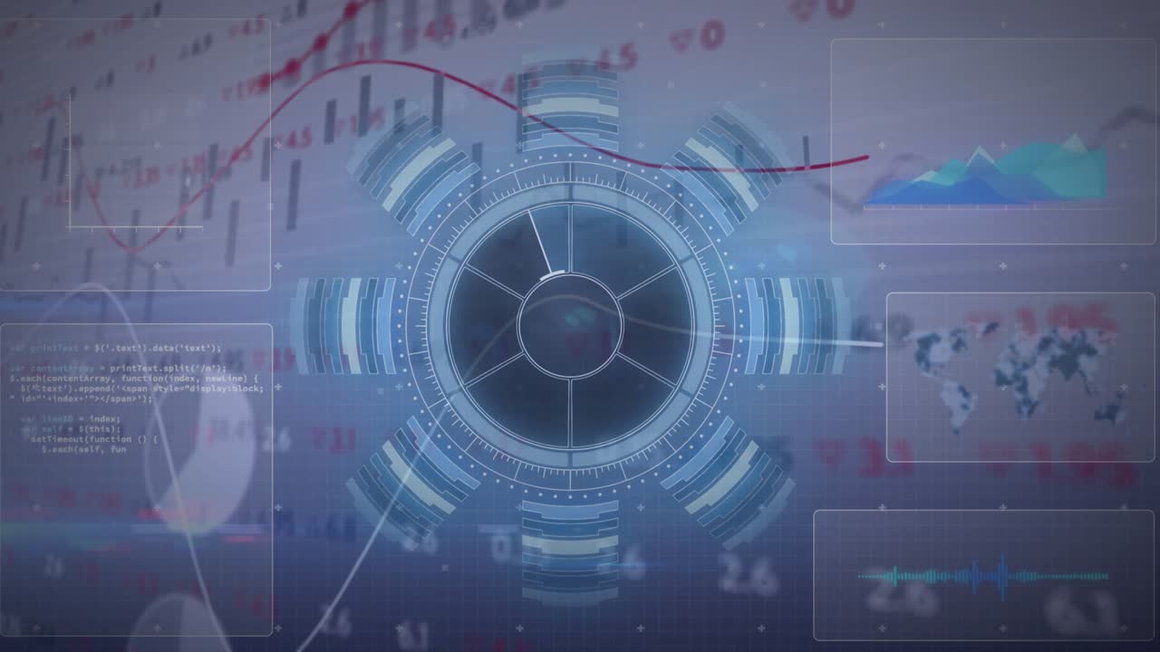 Inner disc pulsing starting HUD rotating, trend rising, wave sweeping, panels cycling for analytics