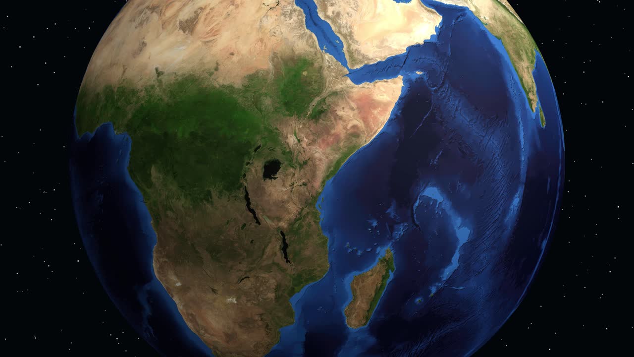 Un globo digitale ruota e si ingrandisce su Brazzaville, Congo, con un pannello informativo di dati demografici.