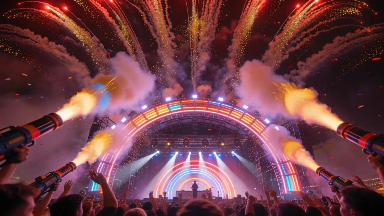 Kanoner affyres, fyrværkeri, silhuet-DJ leder LED-bue ved festivalfinale, publikum rækker hænderne i vejret