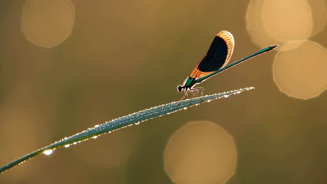 Damselfly on a Dew-Kissed Blade of Grass