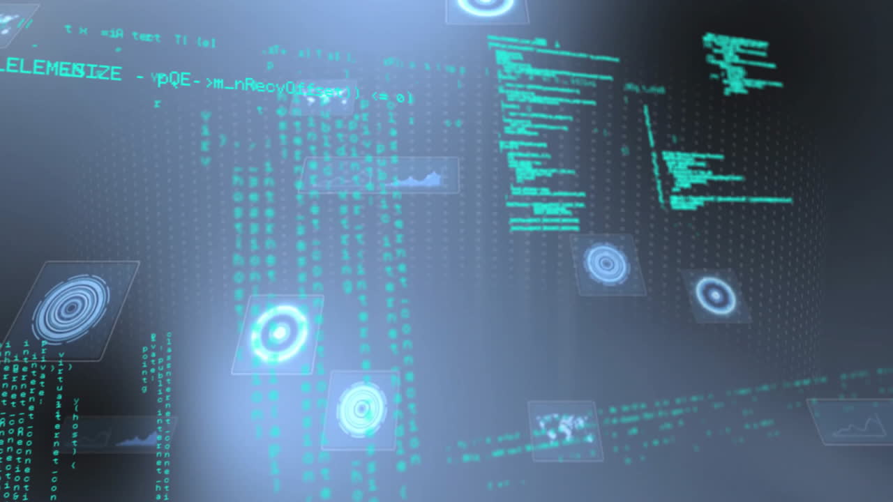Processing digital data with glowing effects, animation, futuristic interface elements