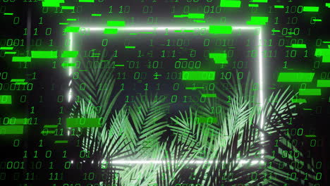 binary code and data processing animation over tropical palm leaves