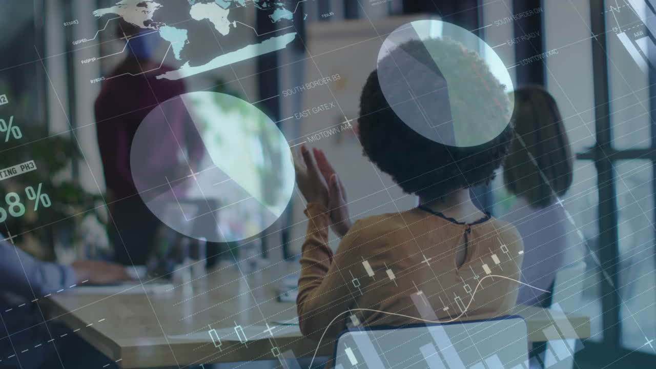 Animation of data processing over diverse business people wearing face masks during meeting