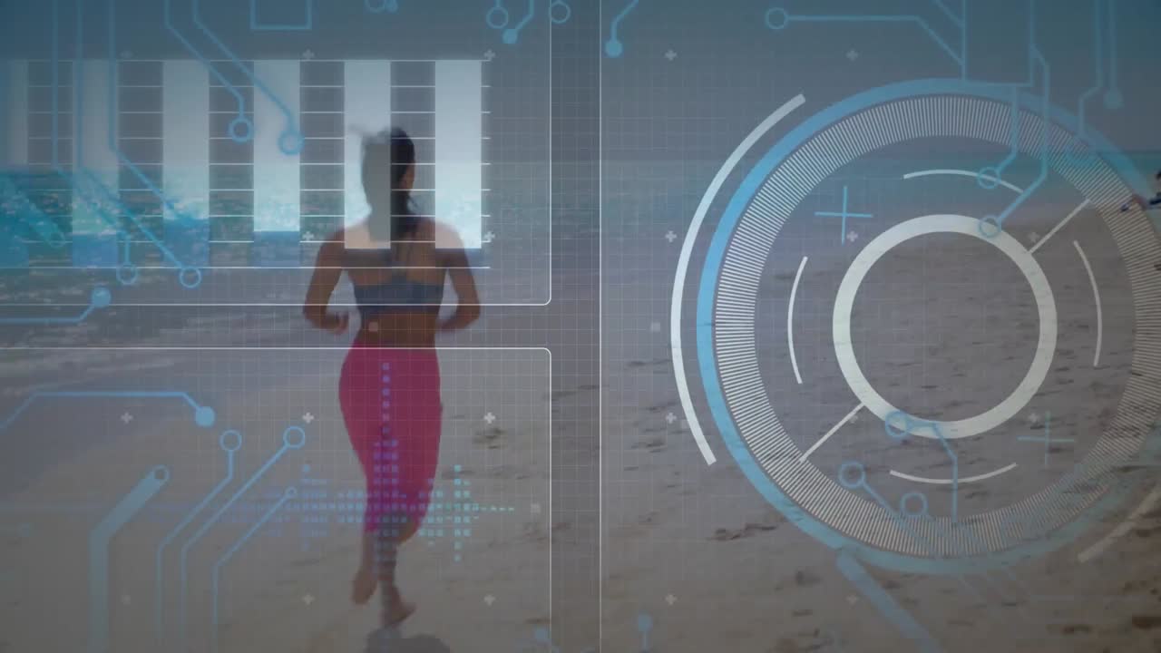 animación de procesamiento de datos sobre mujer biracial corriendo en la playa