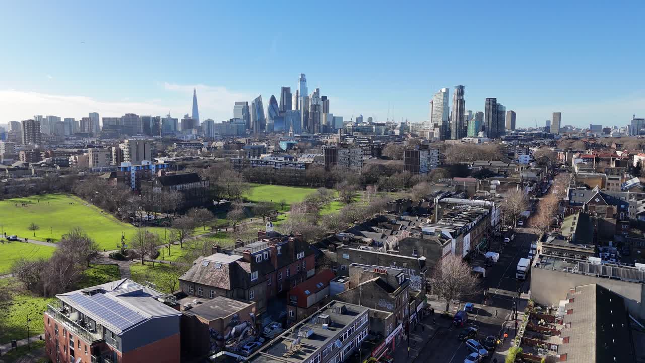Bethnal Green East London city skyscrapers in background UK drone,aerial
