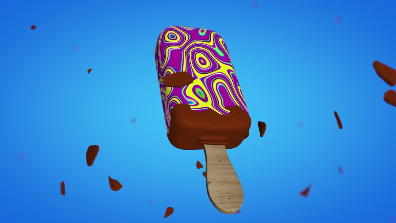 Chocolate-covered ice cream popsicle that explodes as it rotates 360 degrees, revealing gooey pink, green, and yellow ice cream. Loop sequence