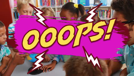 in library, children reading books with colorful ooops! text animation overlay