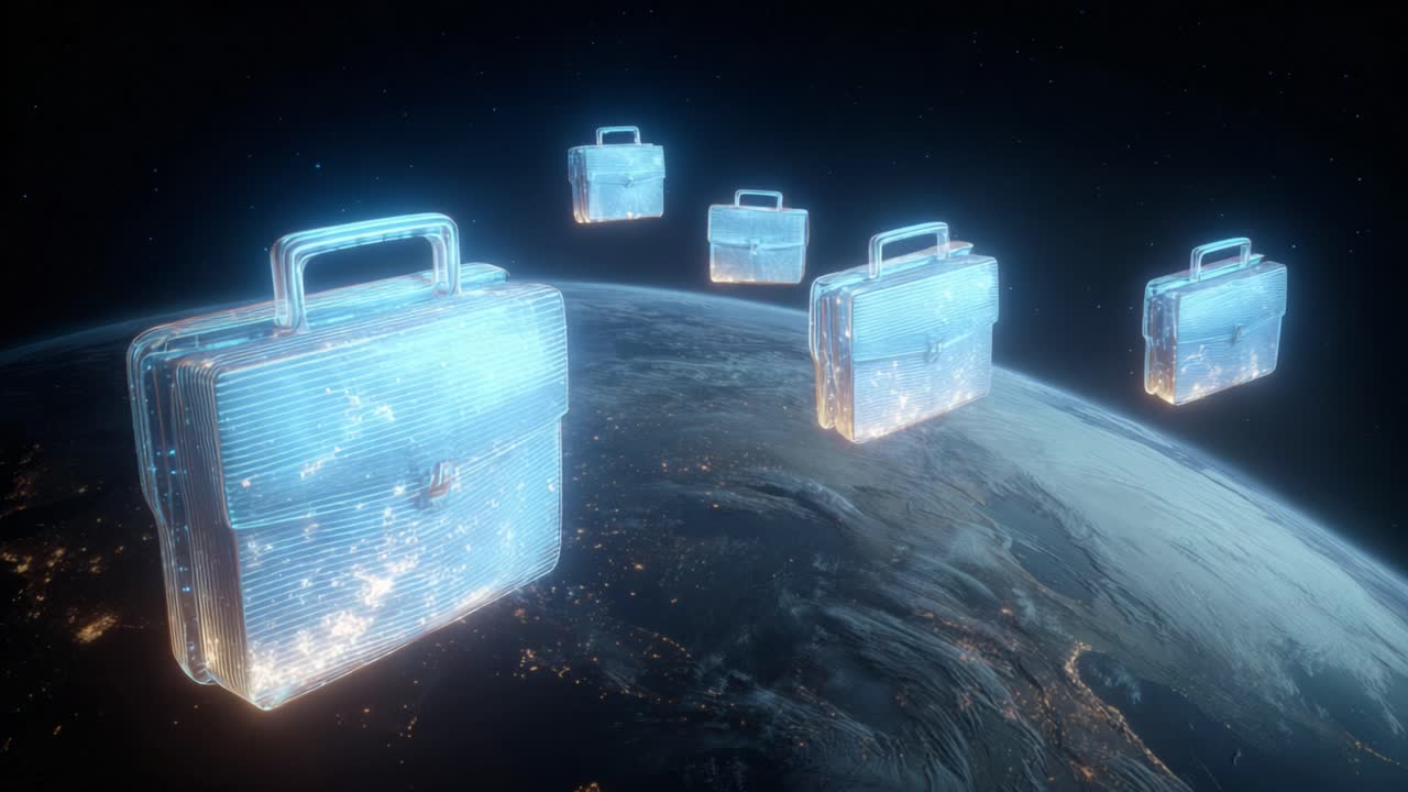 Glowing business briefcases float in orbit around planet Earth, symbolizing global commerce, international corporate investment, and the interconnectedness of the worldwide economy at night