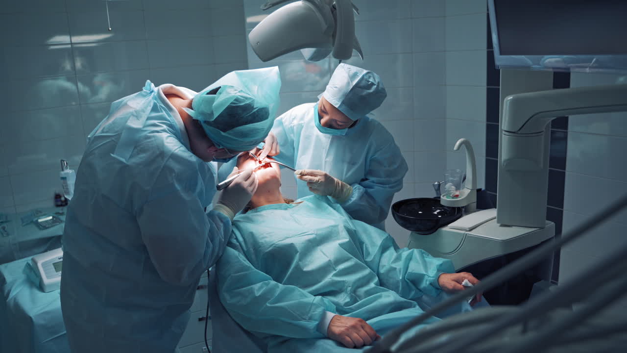 Dentist during a dental intervention with a patient. Dental clinic concept.