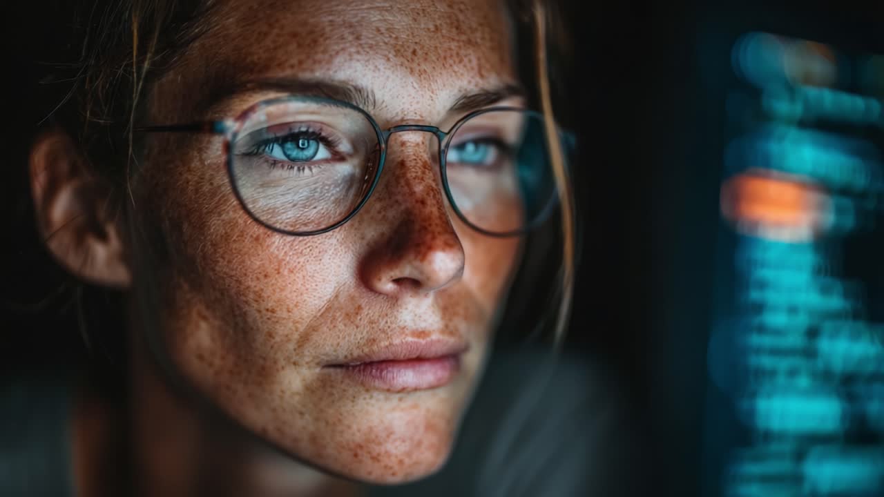 A Focused Woman Leans Towards a Screen, Illuminated by Colors, Capturing a Moment of Intense Concentration and Deep Thoughtful Exploration of Information