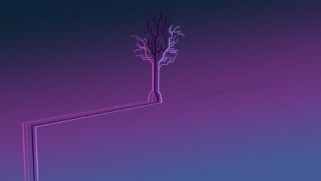 animación de un árbol hecho de neón, líneas coloridas sobre fondo púrpura.