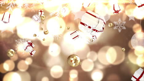 animation of falling christmas baubles and gifts over bokeh lights