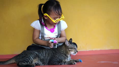 asian child girl playing doctor with cat kitten