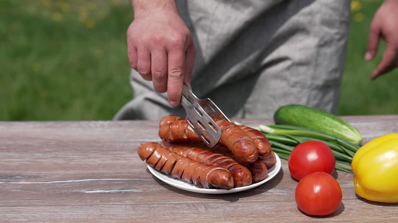 Grilled food and fresh vegetables in open air. Chef puts roasted hot dog sausage on a plate. Ready delicious food for a picnic on a wooden table outdoors.