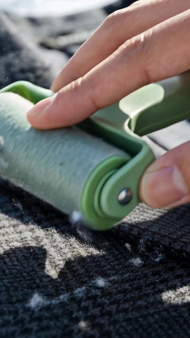 Video verticale: Mano adulta che preme e fa scorrere un rullo verde su un tronco illuminato dal sole, rimuovendo pelucchi bianchi.