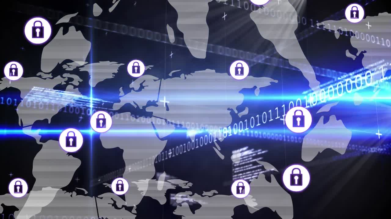 파드락 보안 아이콘을 가진 연결 네트워크의 애니메이션이 바이너리 코딩으로