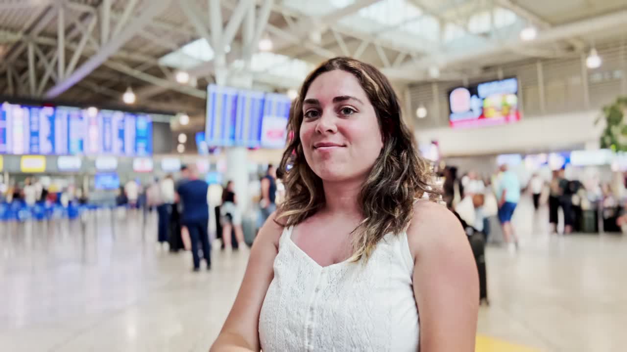 Woman at Airport, Smiling and Looking Around Happily