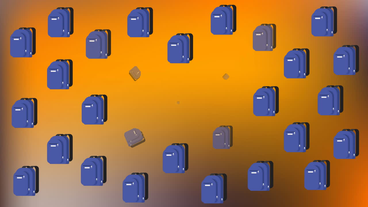 Animation of multiple school bag and book icons against copy space on orange gradient background