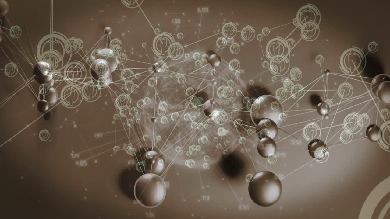 Connecting metallic spheres and human icons creating 3D data network visualization in sepia space