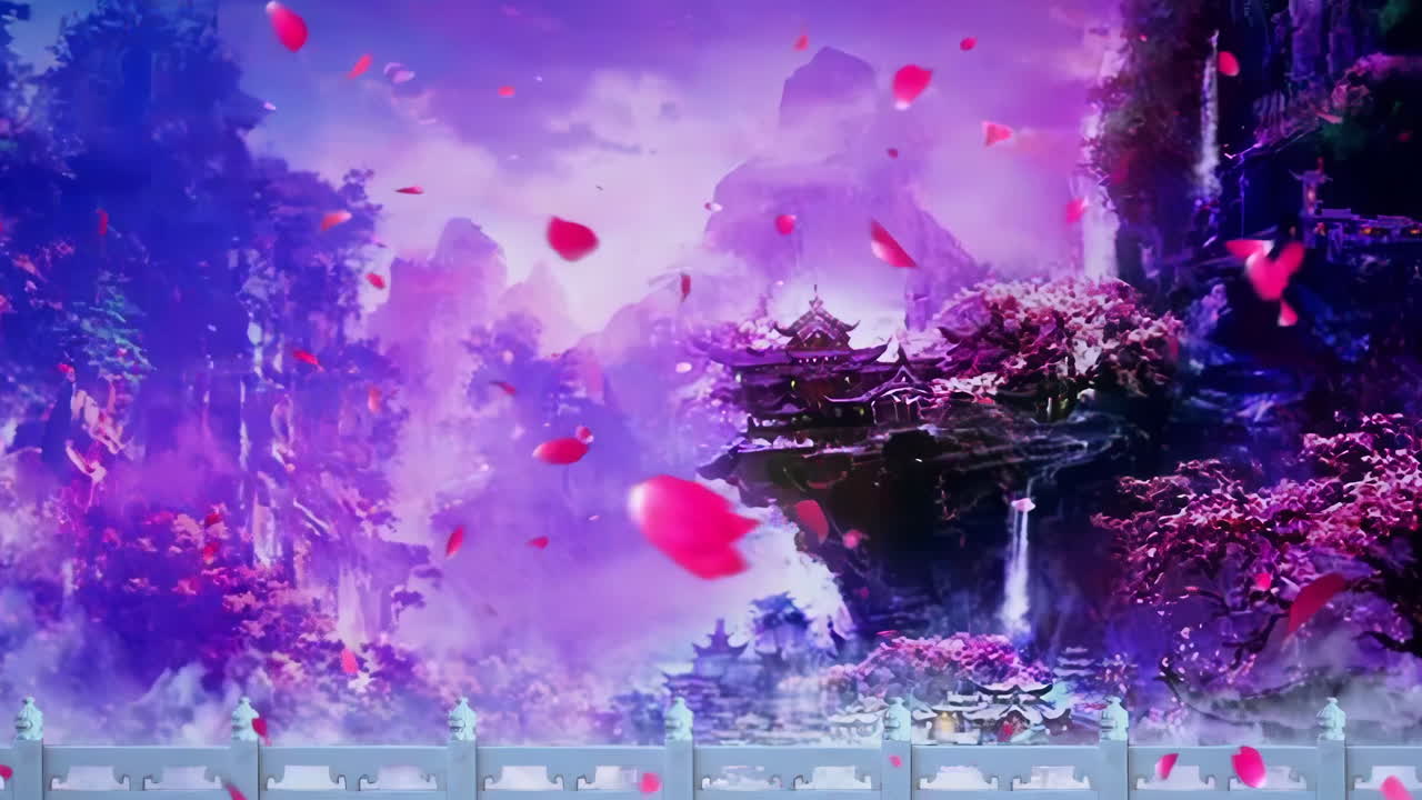 신비로운 풍경: 중국의 전통적인 동양 디지털 예술 애니메이션, 중국 레트로 페인팅 잉크, 꽃, 나무, 새, 흐린 배경의 강