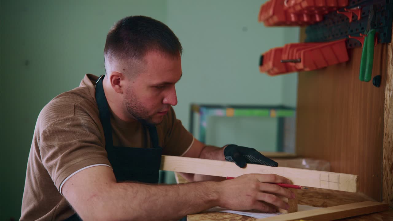 Man Marking Wood with a Pencil in a Workshop
