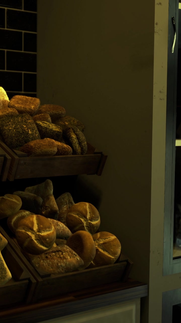 Fresh bread on display in bakery during morning hours in a city