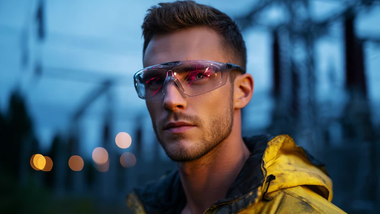 A focused individual with protective eyewear stands confidently against an industrial backdrop, showcasing a blend of style and safety in a visually striking environment during twilight hours