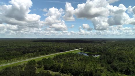 Aerial-view-descending-into-a-Florida-pine-forest-along-a-road-bridge-highway-with-scenic-vistas-in-the-distance