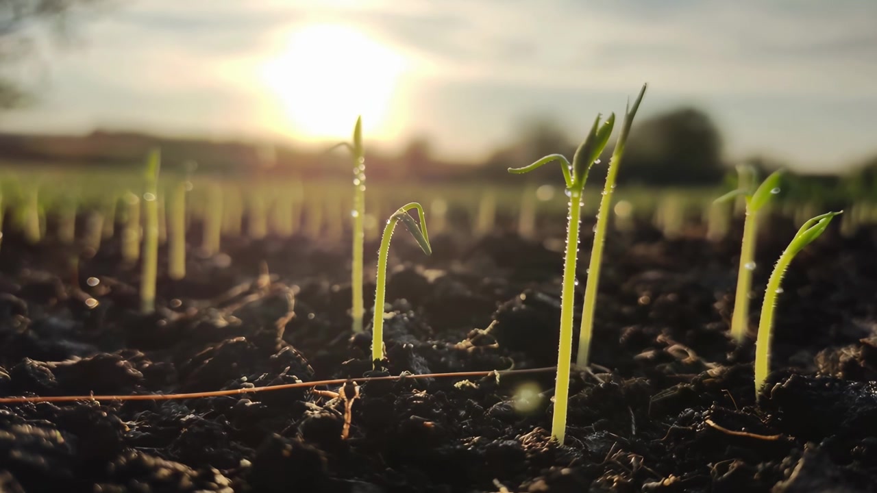 Giovani piantine verdi che crescono nel terreno al tramonto