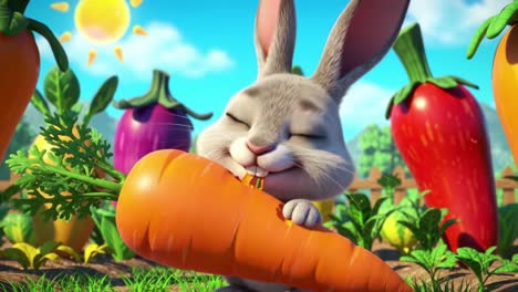 A cheerful animated rabbit joyfully munches on a vibrant orange carrot amidst a colorful garden filled with various fresh vegetables under a bright sun