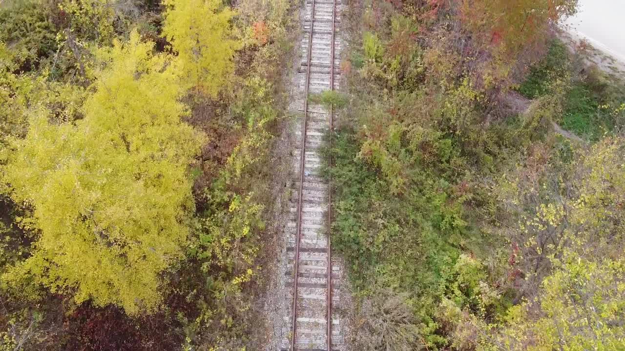 воздушный вид дрона, летящего вдоль старого заросшего железнодорожного пути и небольшого железнодорожного моста