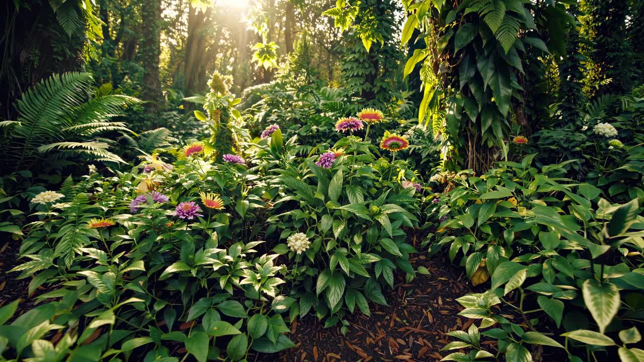 Lush garden with vibrant flowers, captured from a low-angle, creating an immersive video feel