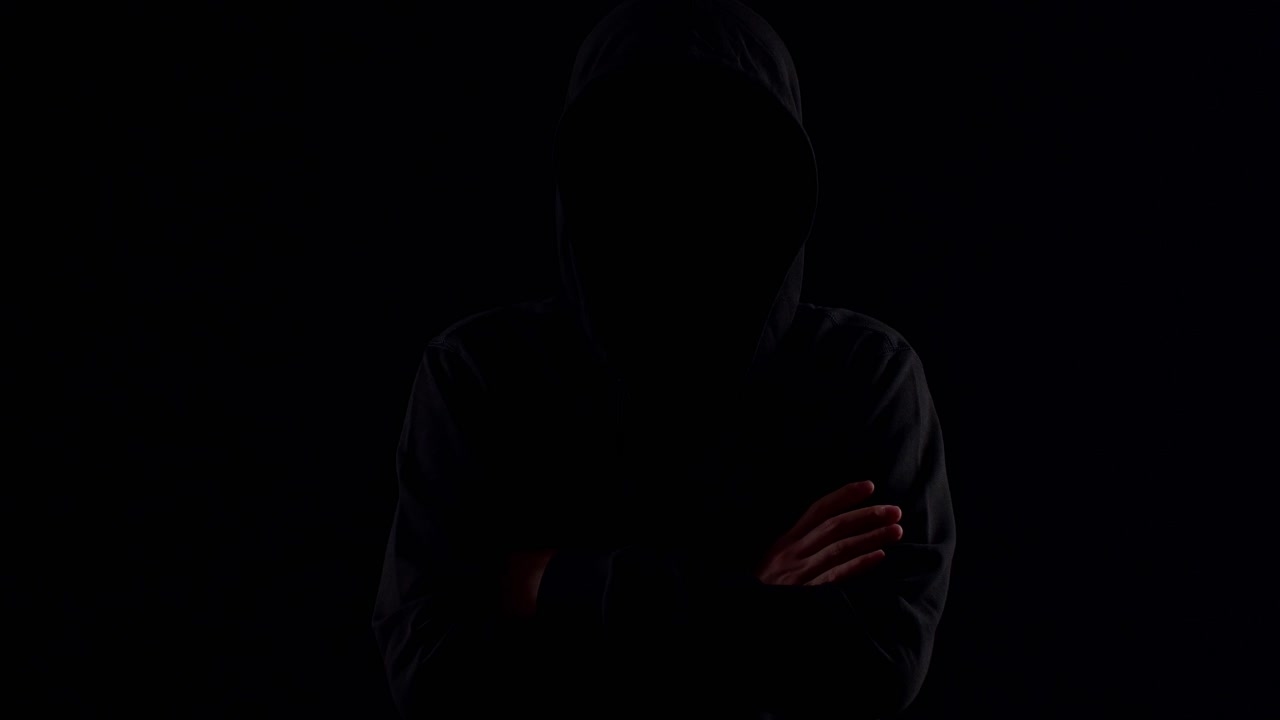 Hooded Incognito Man. Mysterious Man Wit Hoodie On Black Background
