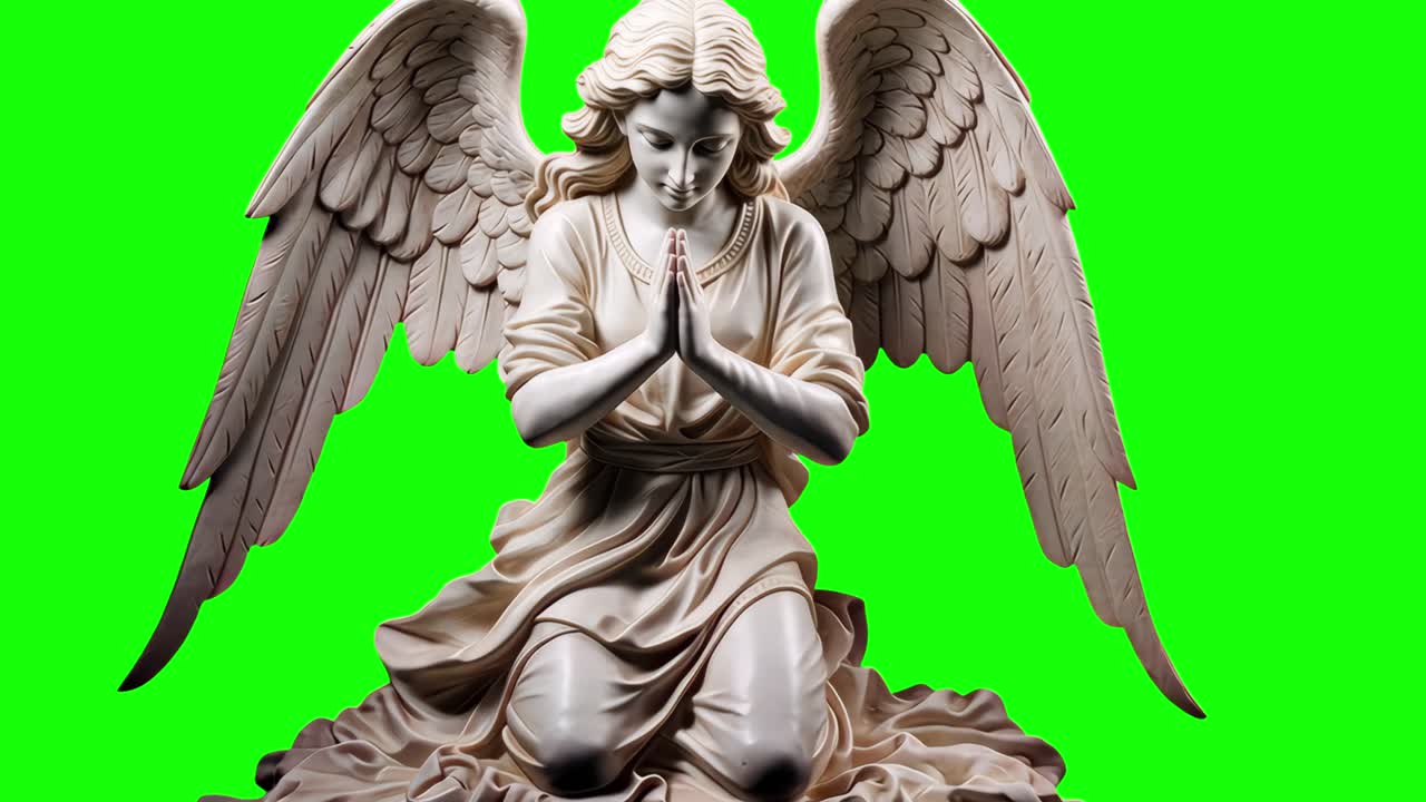 Praying angel statue serenity animation, transparent 4K video, green screen