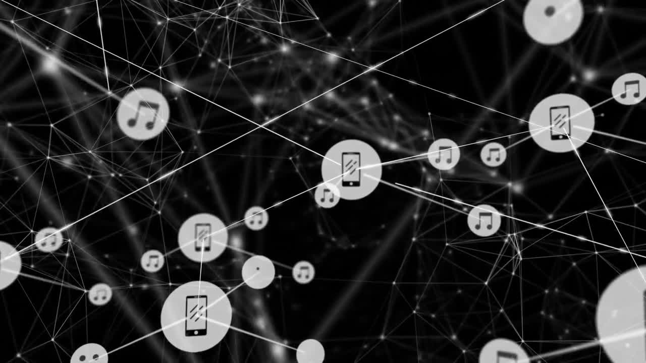 animación de la red de conexiones con iconos sobre fondo negro