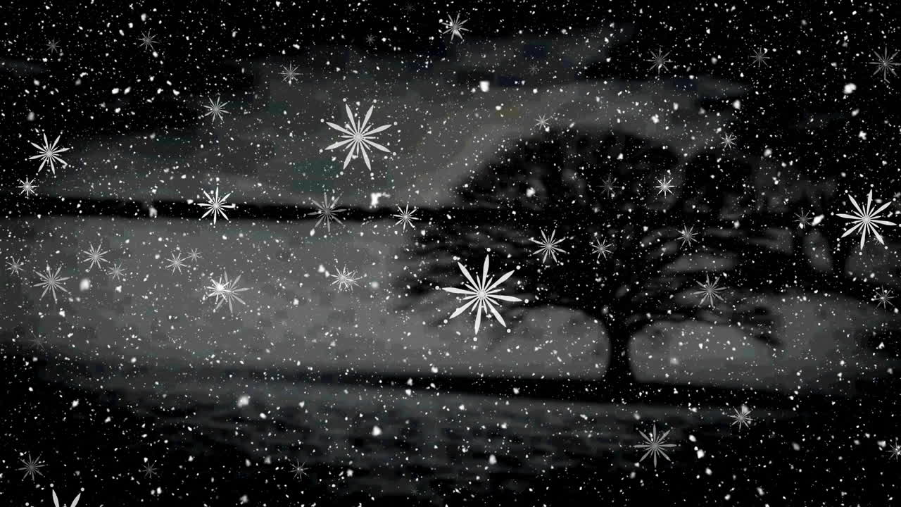 밤에 나무와 풍경 위에 떨어지는 크리스마스 눈송이의 애니메이션