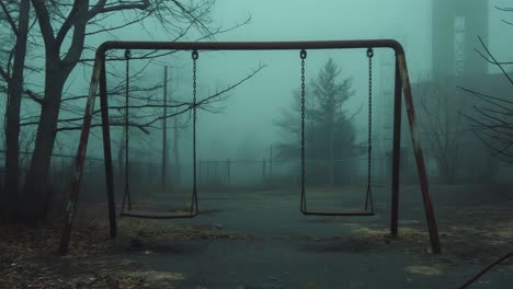 abandoned playground in the fog