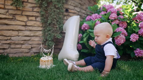 lovely blond baby boy in blue romper sitting on the grass. a birthday cake and number one balloon stands in front of the kid. first child's anniversary.
