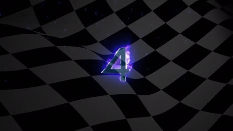 animation of glowing burning number four over waving black and white racing flag