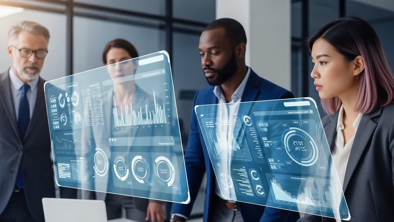 Engaged Professionals Analyzing Data Insights Through Interactive Digital Displays in a Modern Office Environment