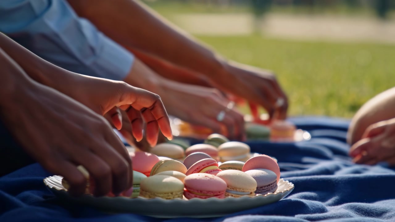 Hands reach toward a tray of pastel macarons on a blue picnic blanket in warm sunlight, with green grass softly blurred in the background and a relaxed shared