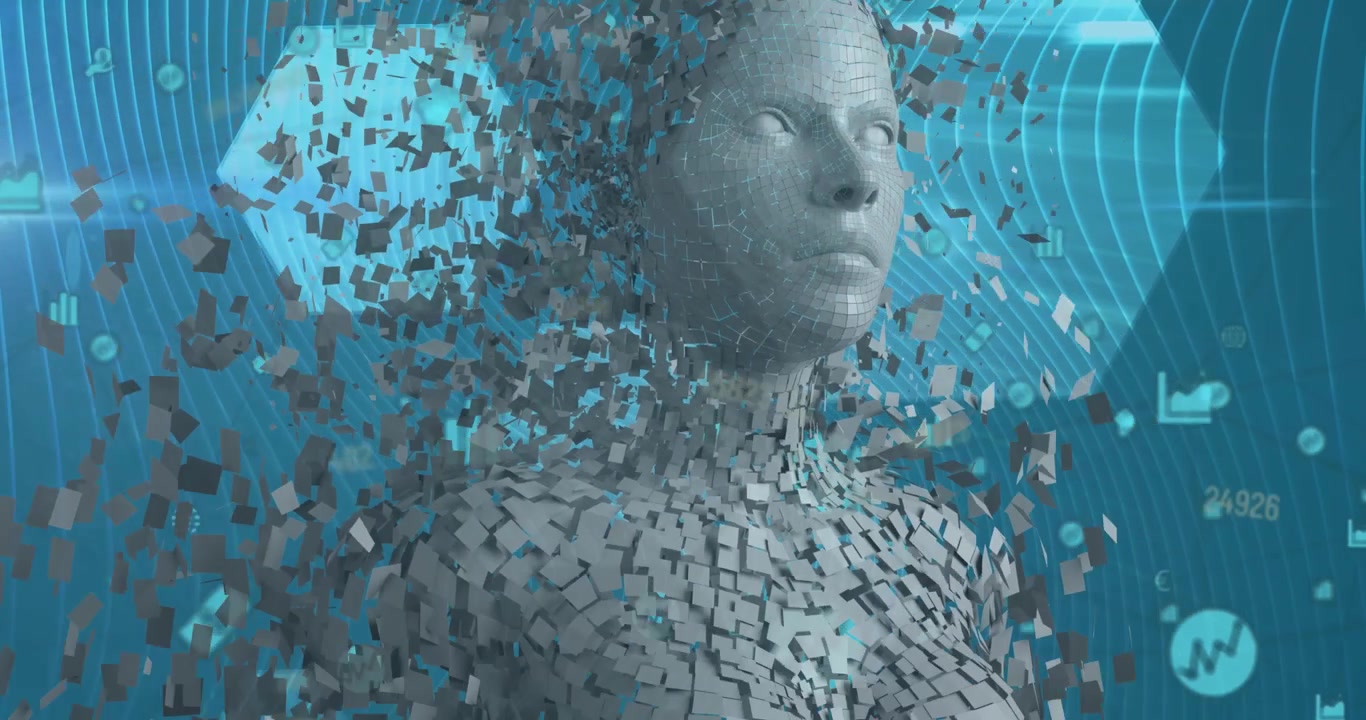 Animation of digital human and floating application icons, numbers, wave pattern and hexagon