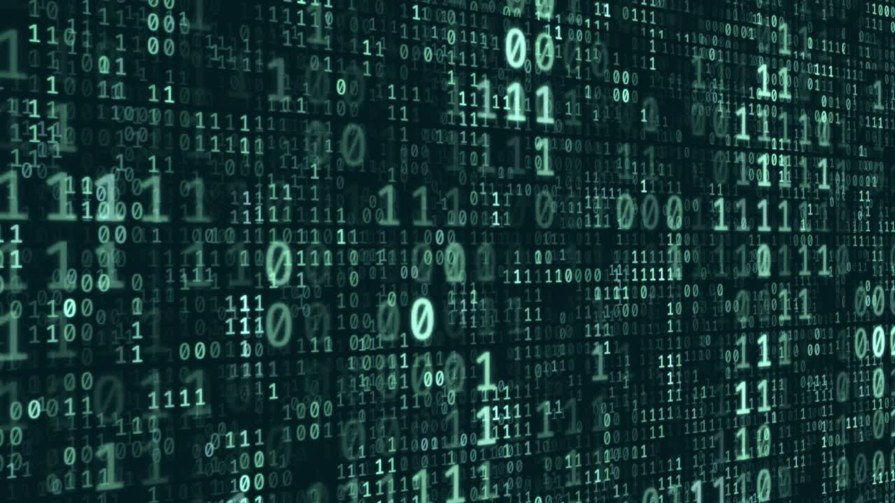 Abstract futuristic cyberspace with binary code, matrix animated background with digits. Programming code, mining cryptocurrency and bitcoin concept looped animation. Web development, virtual space