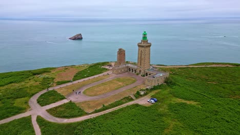 panoramic drone movement around the cap fréhel peninsula lighthouse, côtes-d'armor, brittany, france.