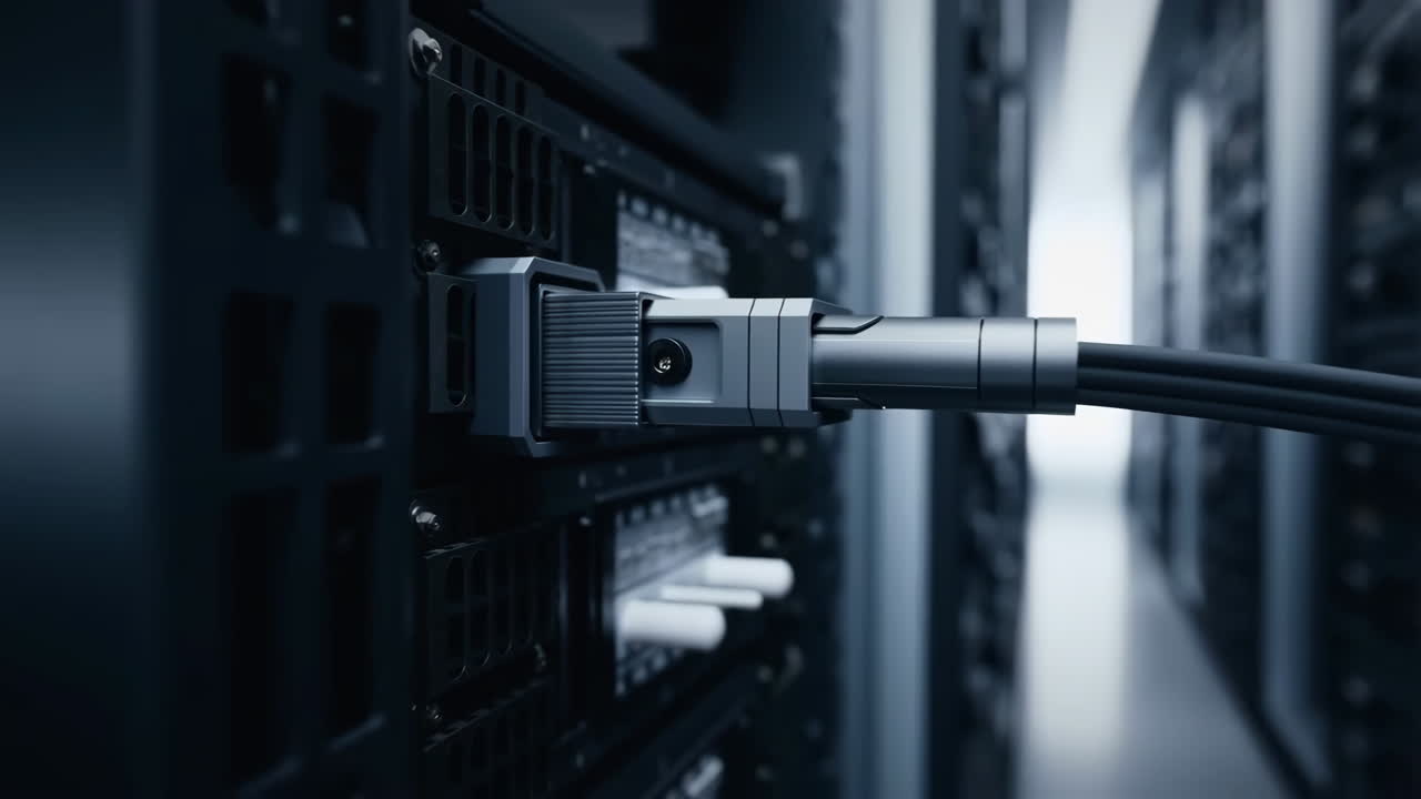 Close-up of cables connected to servers in a data center