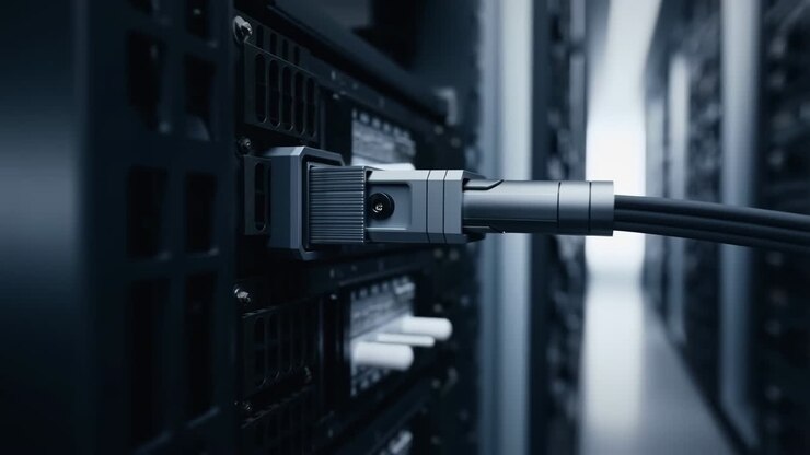 Close-up of cables connected to servers in a data center