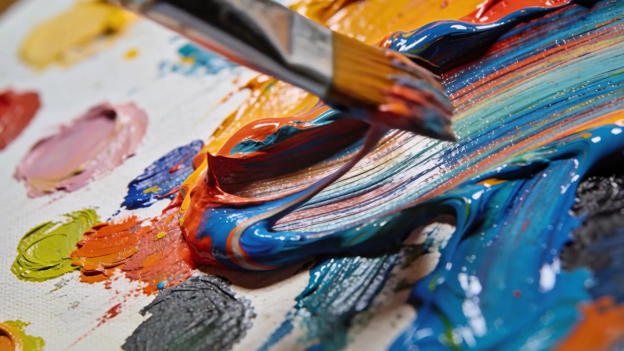 Pennello piatto che tocca un mucchio di vernice, mescolando colori lucidi su tela, creando un nastro stratificato.